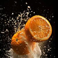 Two oranges are being splashed with water photo