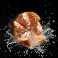 An orange is being splashed with water photo