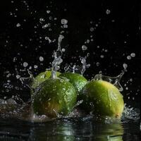 Three limes are splashing in water photo