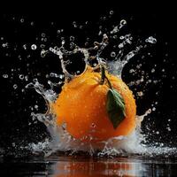 An orange being splashed with water photo