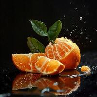 An orange is being cut in half by water photo