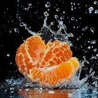 A half of an orange being splashed with water photo