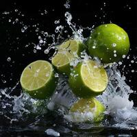 A group of limes being splashed with water photo