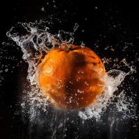 An orange is being splashed with water photo