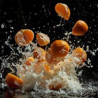 A bunch of oranges are being splashed with water photo