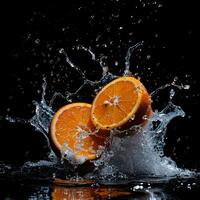 Two oranges are splashing in water photo