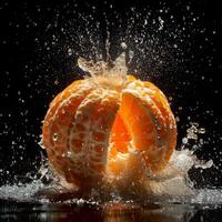An orange being splashed with water photo