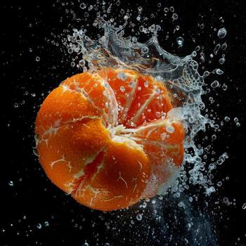 An orange being splashed with water photo