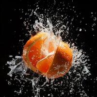 An orange being splashed with water photo
