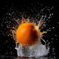 An orange is being splashed with water photo