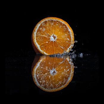 An orange slice is being splashed with water photo