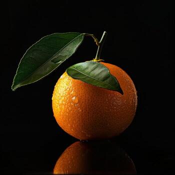 An orange with a leaf on it photo