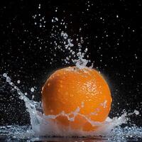An orange being splashed with water photo