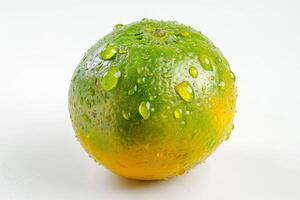 A green and yellow fruit with water droplets on it photo