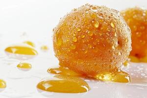 A close up of two oranges with water droplets on them photo