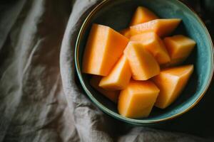A bowl of sliced cantaloupe sitting on a cloth photo