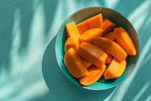 A bowl of sliced mangoes on a table photo
