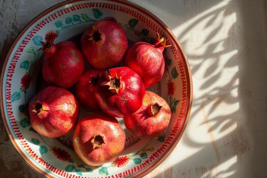 A bowl of pomegranates on a table photo