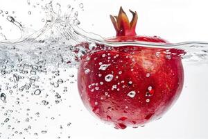 A pomegranate is floating in water with bubbles photo