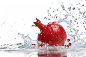 A pomegranate is splashing into the water photo