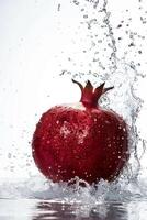 A pomegranate is splashing water on a white background photo
