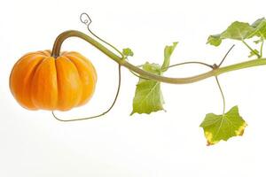A pumpkin hanging from a vine photo