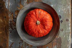 A large orange pumpkin in a bowl on a table photo