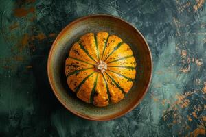 A pumpkin in a bowl on a green background photo