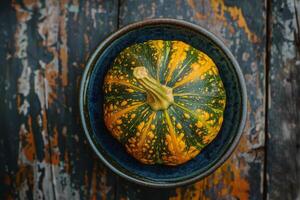 A green and yellow squash in a bowl on a wooden table photo