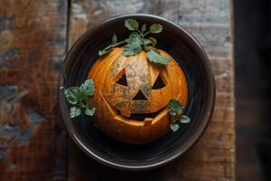 A pumpkin with a face on it sitting on a wooden table photo