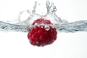 A raspberry is splashing into the water photo
