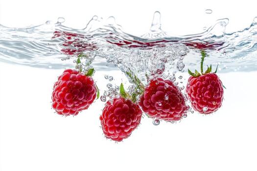 Raspberries in water with splash photo
