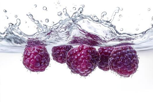 A group of raspberries are splashing into the water photo