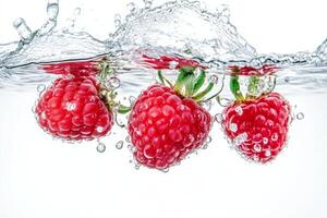 Three raspberries are splashing into the water photo