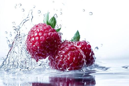 Raspberries splash water on white background photo