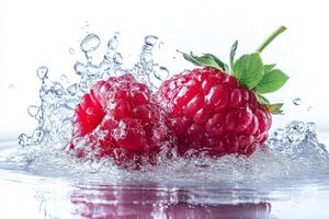 Two raspberries are splashing in water photo