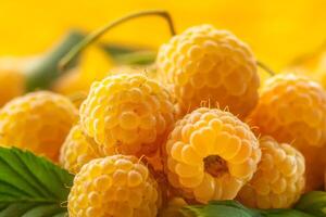 A bunch of yellow raspberries on a yellow background photo