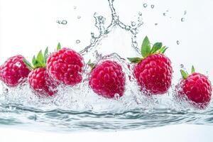 Raspberries are splashing into the water photo