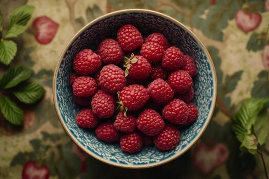un cuenco de frambuesas en un floral estampado mesa foto