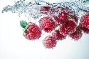Raspberries are being splashed into the water photo