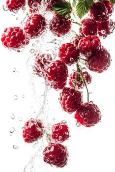 Raspberries being splashed with water on a white background photo