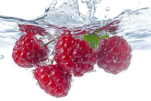 Raspberries in water with splash photo