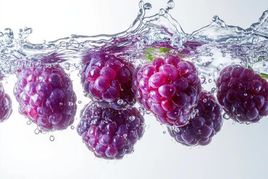 A group of raspberries are being splashed into the water photo