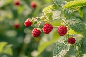 Raspberries growing on a plant in the field photo