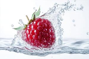 A raspberry is splashing into the water photo