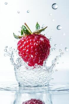 A raspberry is splashing in water with bubbles photo