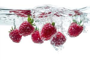 Raspberries in water with water splashes photo