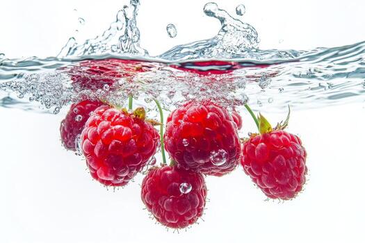 Raspberries in water with splash photo