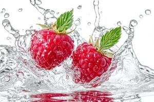 Two raspberries are splashing in water photo