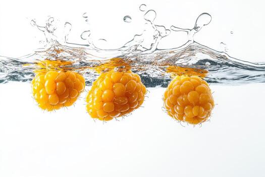 Three raspberries are splashing into the water photo